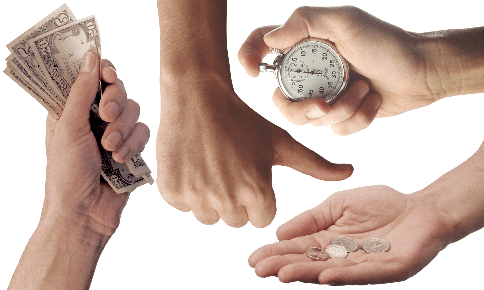Mãos segurando dinheiro, relógio e fazendo sinal de positivo