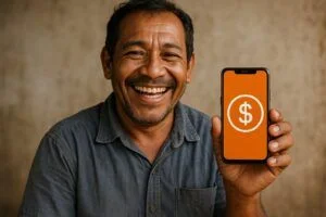 Uma pessoa de classe social mais baixa, sorrindo e segurando o celular, com o ícone de dinheiro na tela. A imagem representa a facilidade de acesso ao crédito e a esperança de solucionar problemas financeiros.