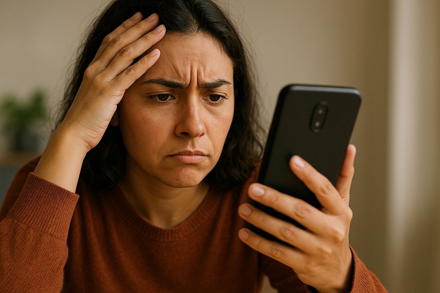 Mulher frustrada tentando conseguir um empréstimo pessoal online.