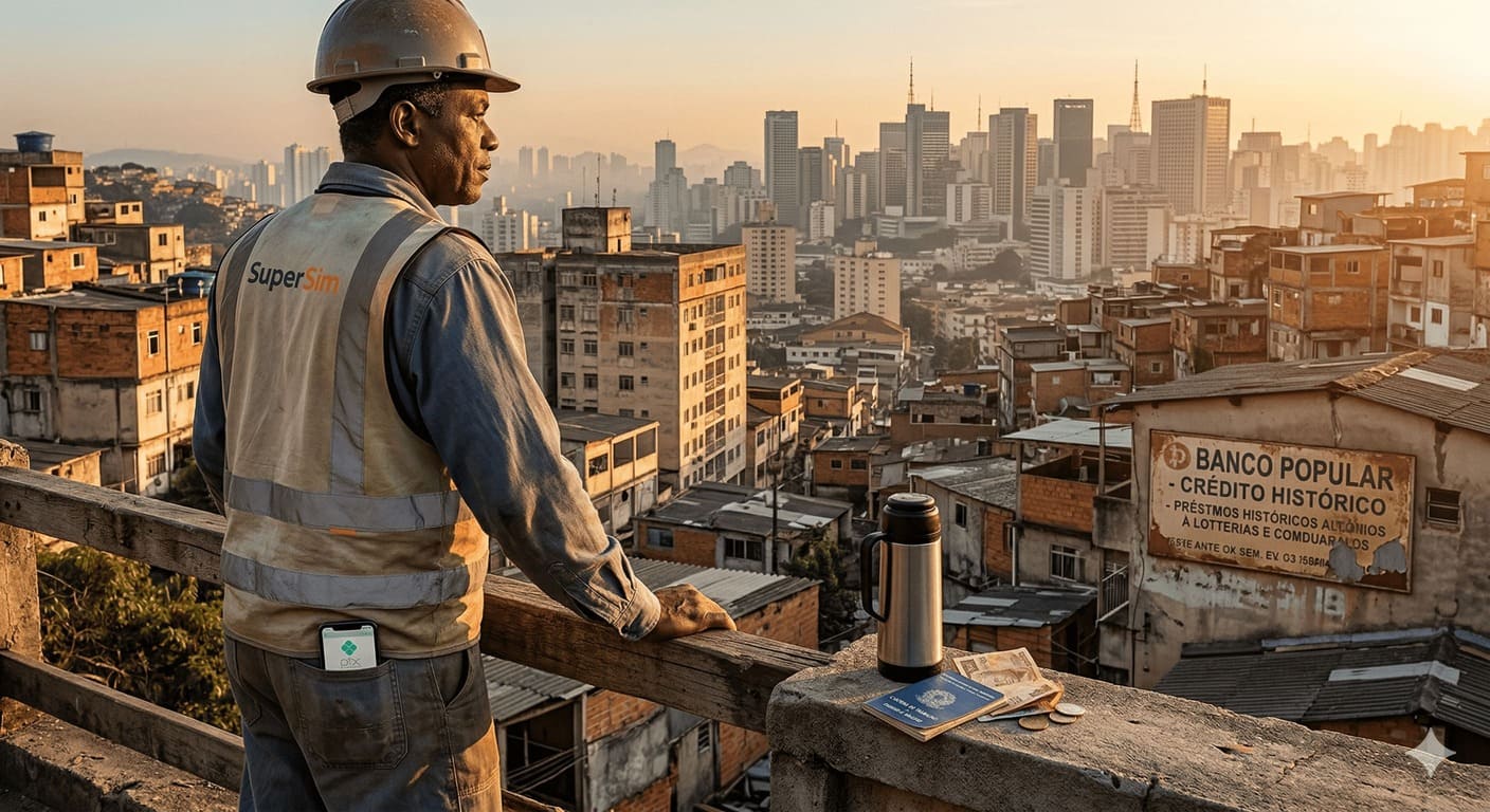 Pessoa olhando para a cidade ao entardecer, representando a relação histórica do brasileiro com o dinheiro e o crédito