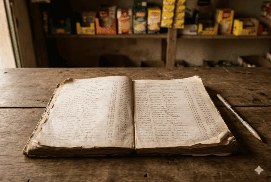 Caderno de anotações de fiado sobre balcão de mercadinho, representando o sistema de crédito informal brasileiro