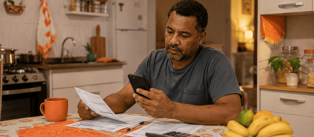 Trabalhador brasileiro organizando contas e dívidas na mesa da cozinha, retrato do endividamento no Brasil