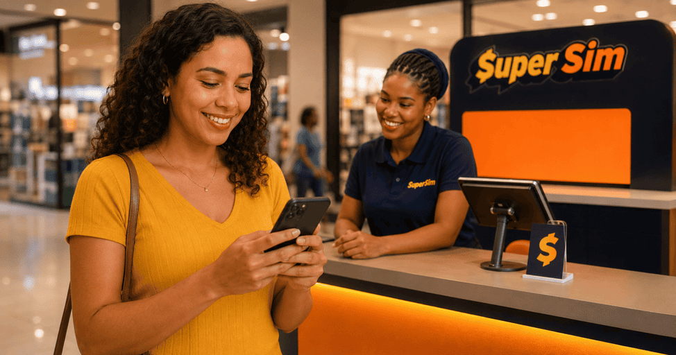 Atendente da Loja SuperSim atendendo cliente pessoalmente no quiosque