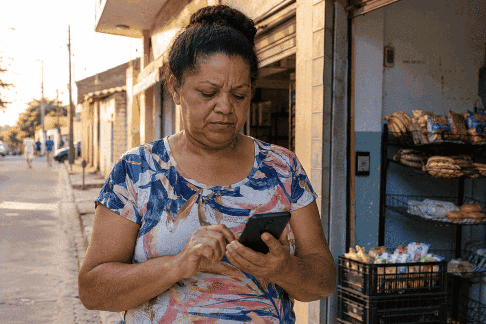 Mulher trabalhadora consultando dívidas e nome sujo pelo celular, perfil do endividamento no Brasil