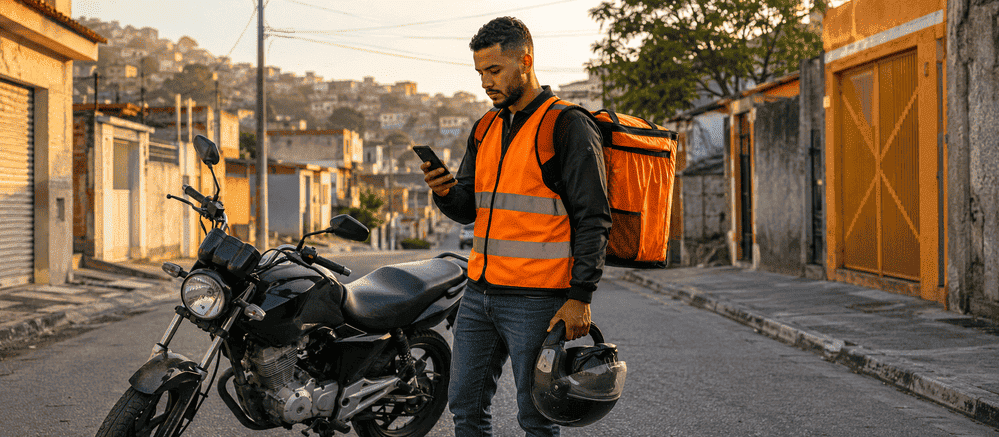 Entregador de aplicativo com bag e colete refletivo conferindo corrida no celular ao lado da moto