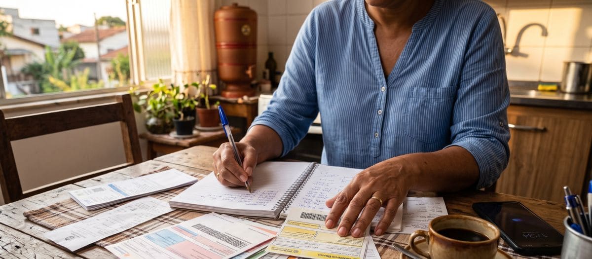 Contas e boletos organizados na mesa durante planejamento das dívidas do mês