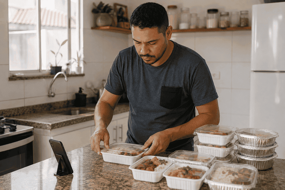 Homem preparando marmitas em casa para vender, negócio começado com pouco dinheiro
