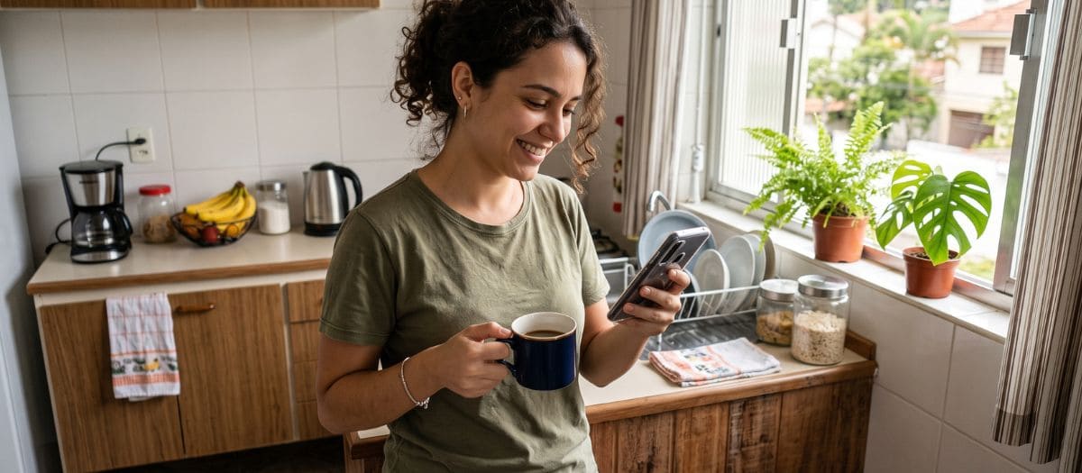 Jovem acompanha a evolução da pontuação no Cadastro Positivo pelo celular