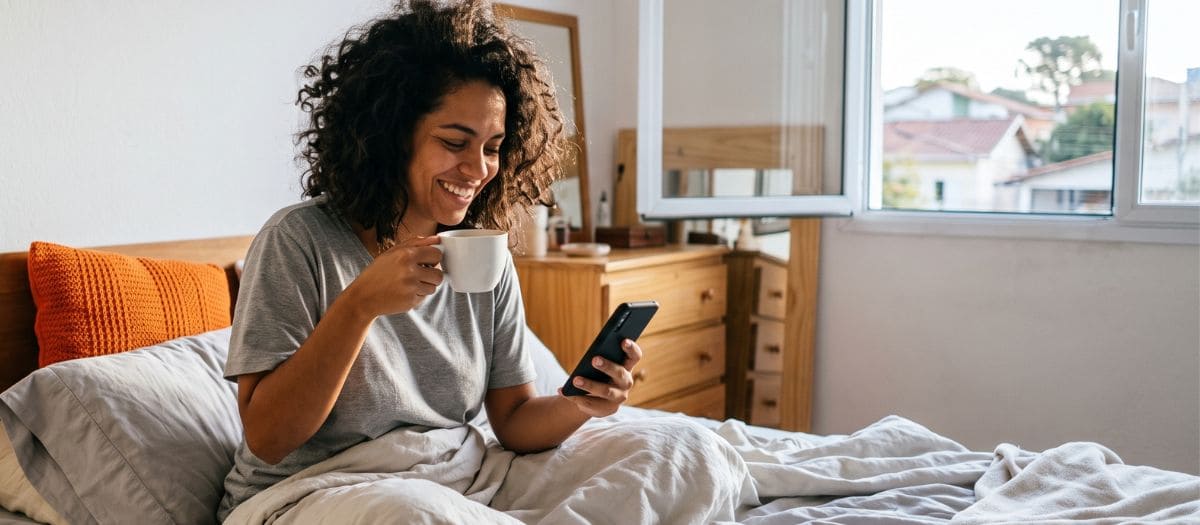 Mulher sorri ao ver o resultado da consulta do Score grátis no celular