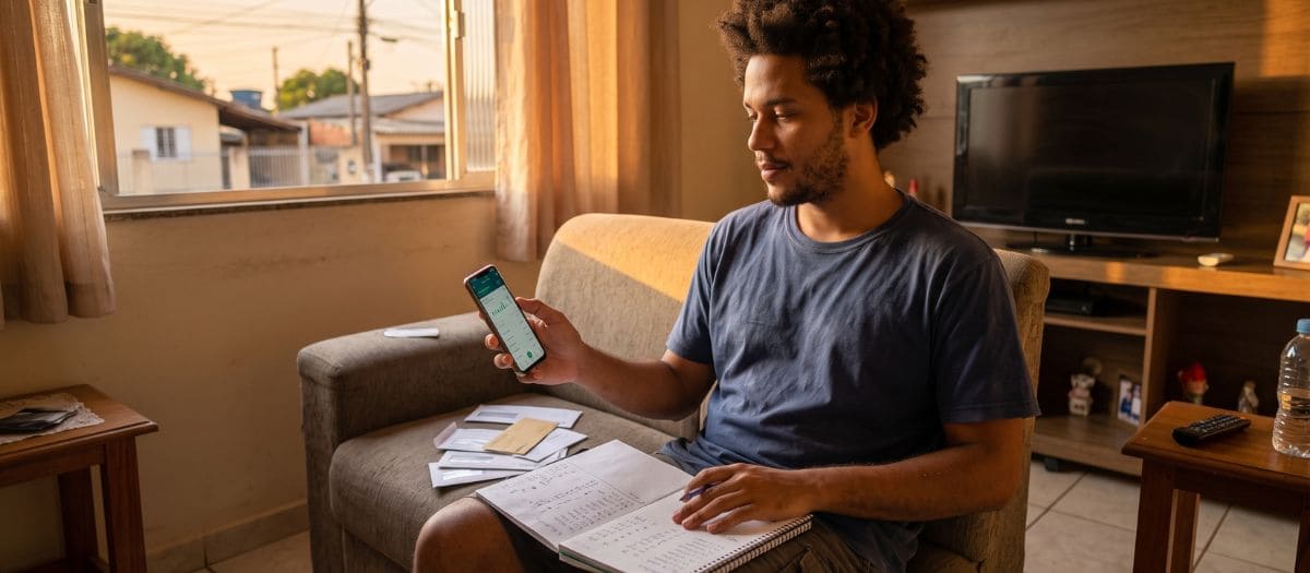 Homem confere o comprovante do Pix do empréstimo no celular em casa