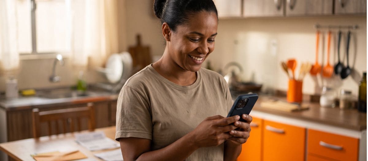Mulher confere no celular o Pix do empréstimo pessoal que caiu na conta