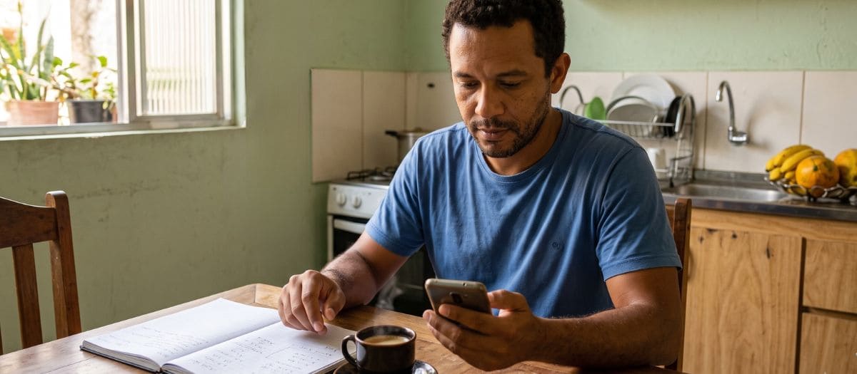 Pessoa confere parcela e custo total durante a simulação de empréstimo pelo celular