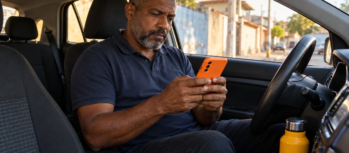 Motorista de aplicativo confere no celular uma oferta de empréstimo dentro do carro estacionado antes de responder
